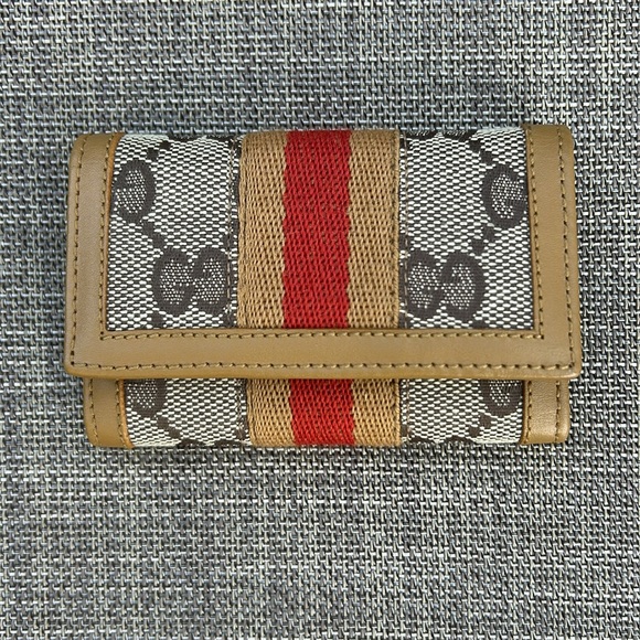 Gucci 6 ring key card holder GG logo canvas + leather orange tan stripe - Picture 1 of 13